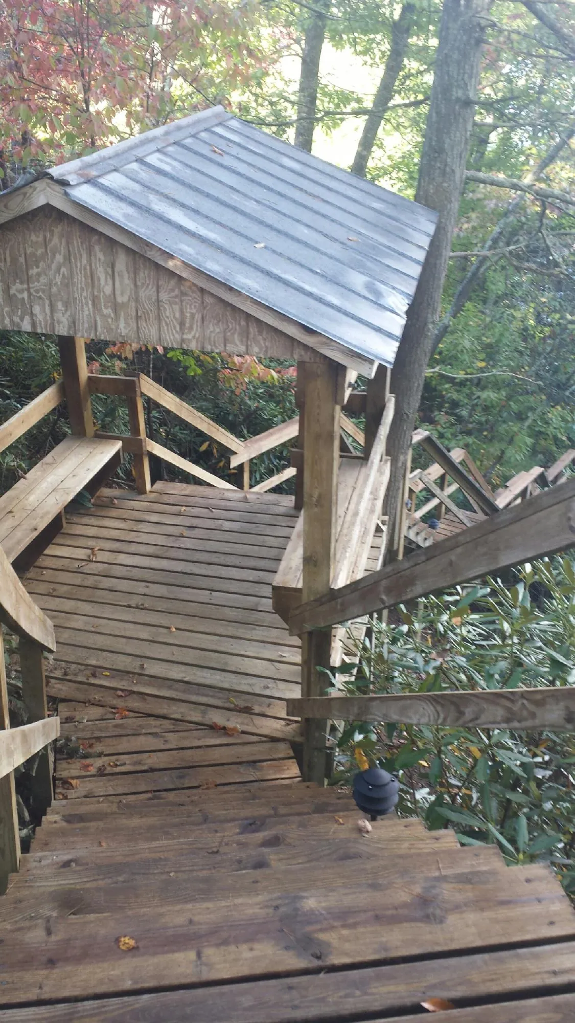 Metal roofed shelter over wooden steps on a wooded walkway — Skylight Repair & Installation work by our crew in Geyserville